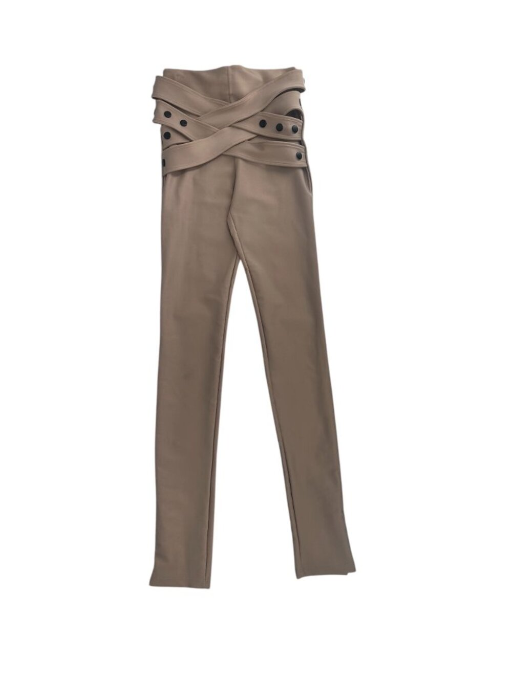 High Waisted Skinny Pants XS Taupe Wrap Waist Button Detail Stretch Slim Fit - Picture 6 of 9
